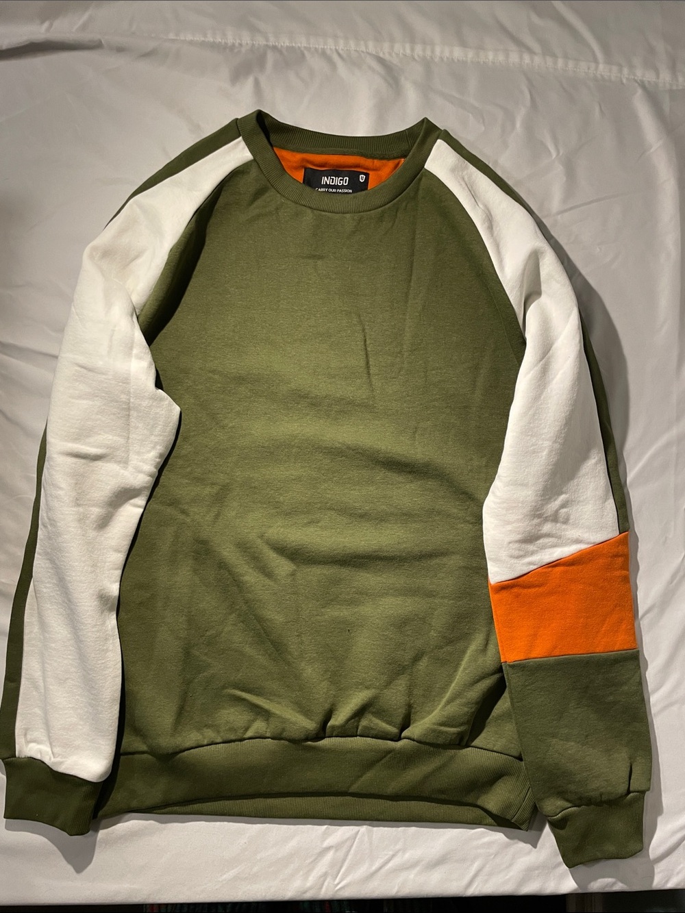 Indigo Olive, White & Orange Colorblock Crewneck Sweater
